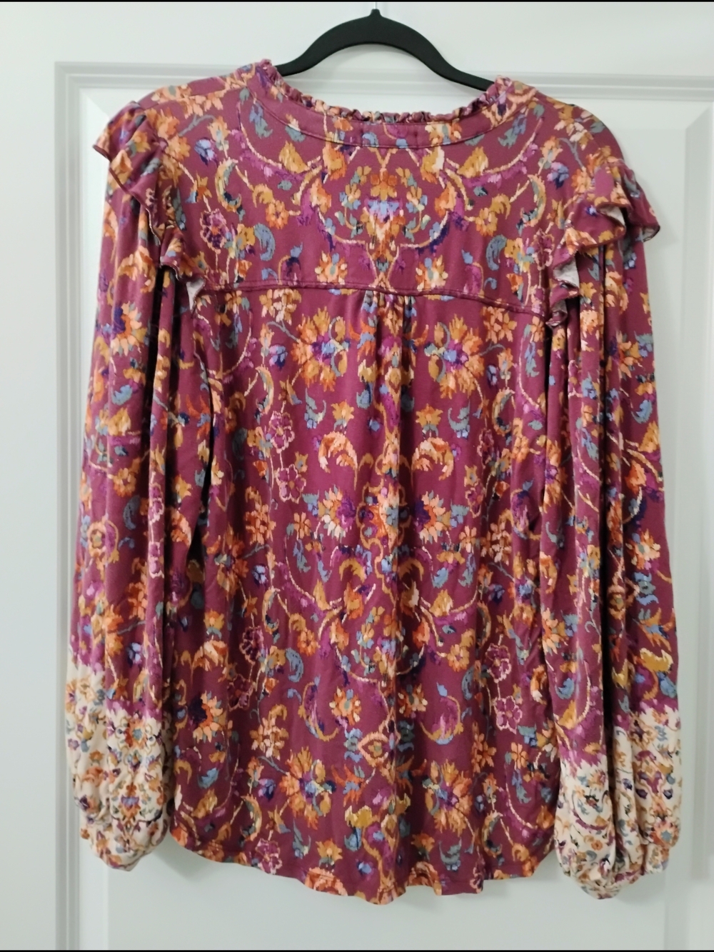 Democracy Burgundy Floral Placement Print Ruffle Boho Peasant Blouse Top Size L - Picture 4 of 6